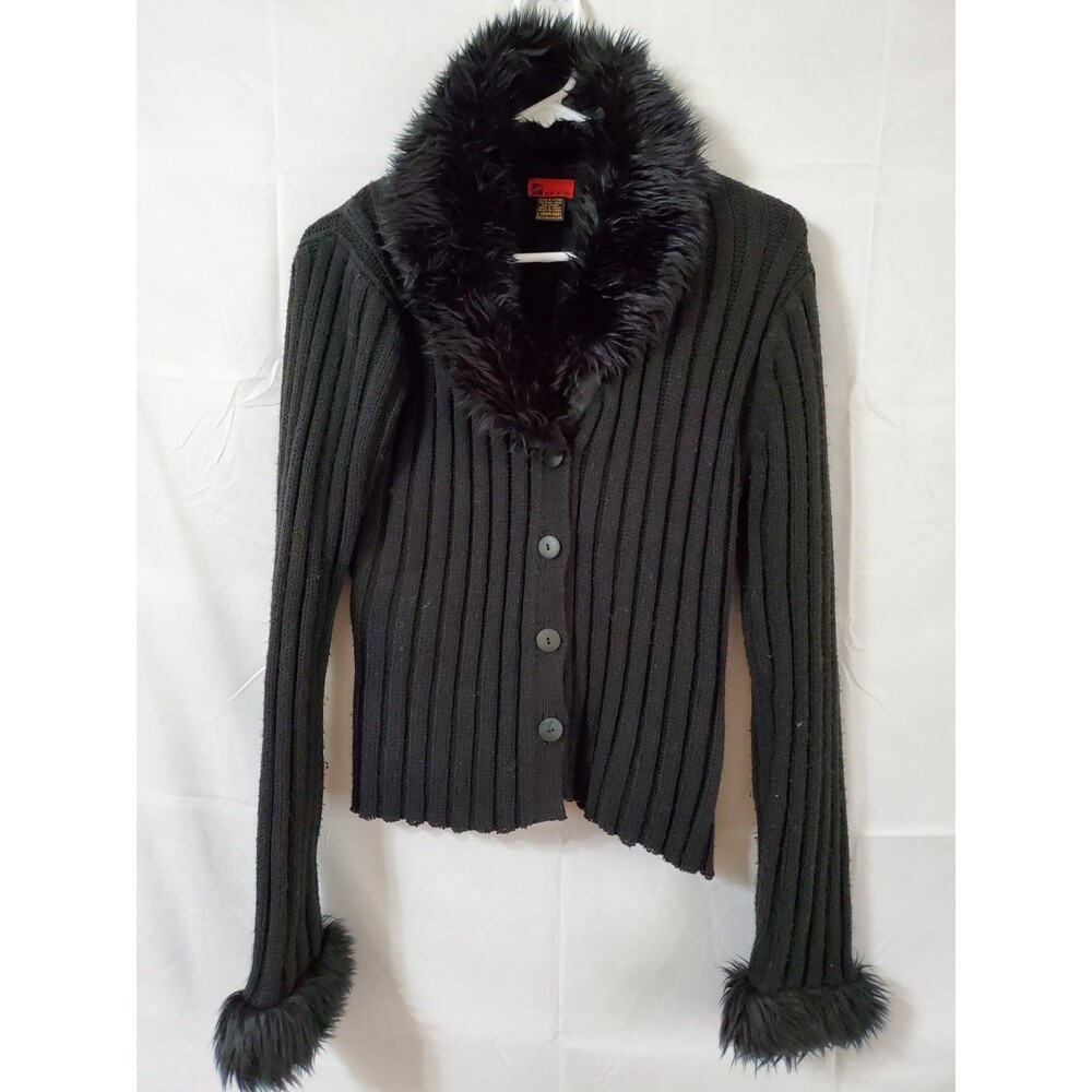 New Moine Cardigan Sweater Faux Fur Collar And Sleeves Size Large Ribbed Black